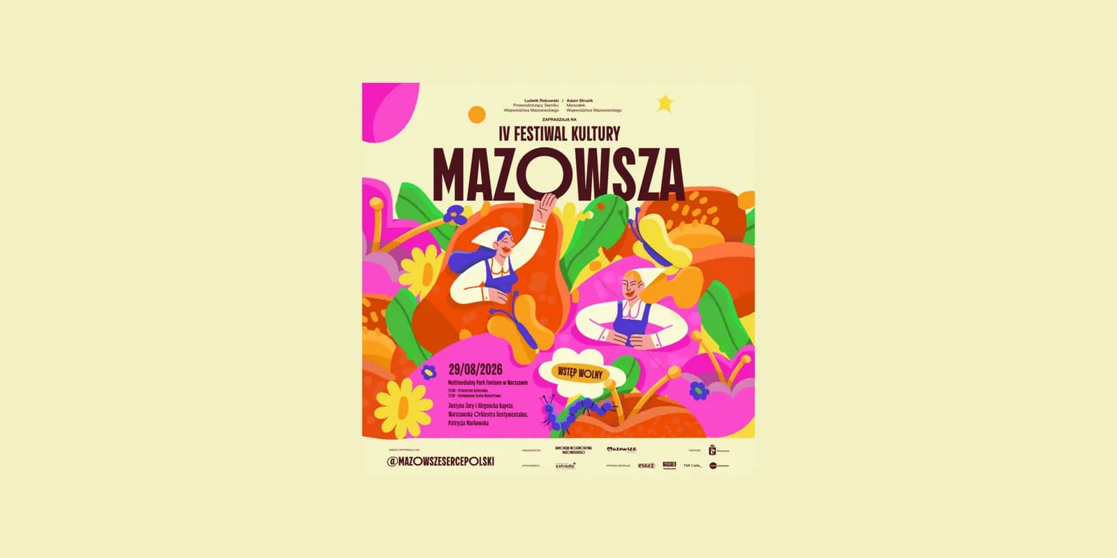 A colorful promotional banner for the IV Mazowsze Culture Festival, featuring stylized illustrations of people and plants, with event details and sponsor logos.
